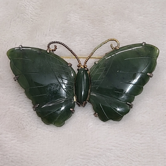 Vintage Carved Jade Butterfly Brooch